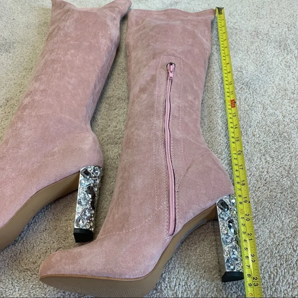 Faux Suede Over Knee Boots Rhinestone Block High Heel Stretch Thigh Boot pink 🔥 - Picture 11 of 12